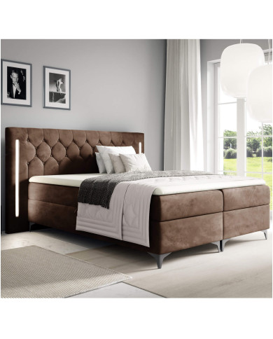 Łóżko kontynentalne California 200x200, z oświetleniem, tapicerowane, materace, topper, pojemnik, Gruszka Meble