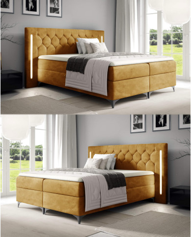 Łóżko kontynentalne California 200x200, z oświetleniem, tapicerowane, materace, topper, pojemnik, Gruszka Meble