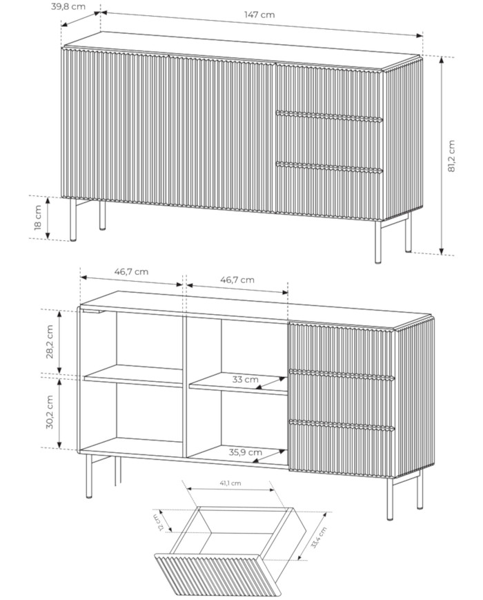 Komoda Muti D 147 2D3S, drzwi, szuflady, Czarna, Laski Meble