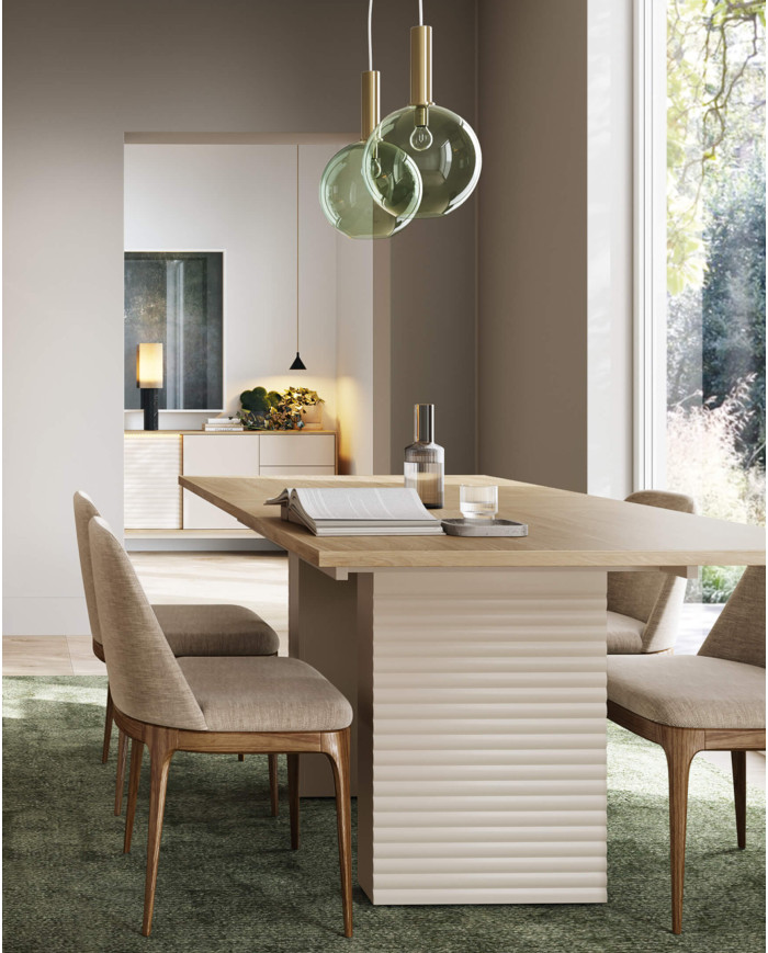 Stół prostokątny Tilia Ti6, rozkładany, 1 wkład powiększający blat, 140-185/75/90 cm, Cashemere/ Dąb olejowany DOLMAR