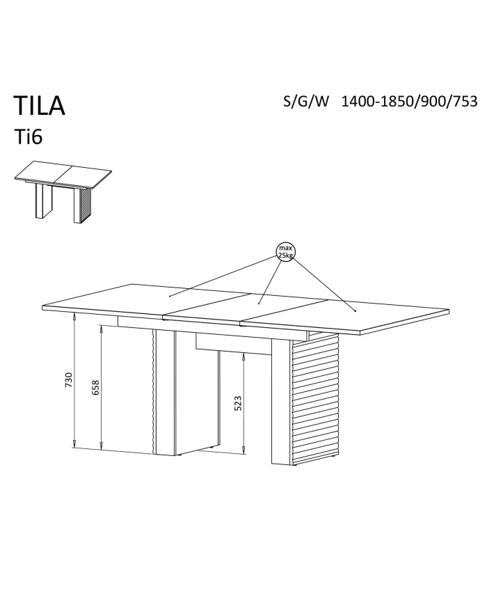 Stół prostokątny Tilia Ti6, rozkładany, 1 wkład powiększający blat, 140-185/75/90 cm, Cashemere/ Dąb olejowany DOLMAR
