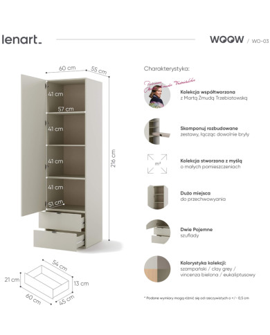 Szafa Woow WO-03, 1-drzwiowa z szufladami, uchylna, szampański, LENART