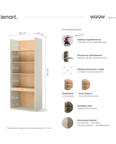 Regał Woow WO-04, z półkami i oświetleniem, szampański/ dąb vincenza bielony, LENART Regał Woow WO-04, z półkami i oświetleniem, szampański/ dąb vincenza bielony, LENART