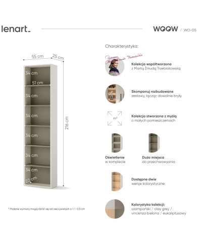 Regał Woow WO-05, z półkami i oświetleniem, szampański/ eukaliptus, LENART Regał Woow WO-05, z półkami i oświetleniem, szampański/ eukaliptus, LENART