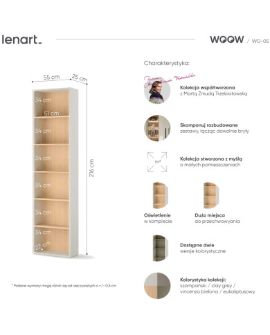 Regał Woow WO-05, z półkami i oświetleniem, szampański/ dąb vincenza bielona, LENART Regał Woow WO-05, z półkami i oświetleniem, szampański/ dąb vincenza bielona, LENART