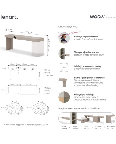 Biurko Woow WO-11 P, z szufladami, szampański/ clay grey, LENART