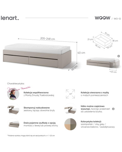 Łóżko Woow WO-12, łóżko rozsuwane z 2 szufladami, clay grey, LENART Łóżko Woow WO-12, łóżko rozsuwane z 2 szufladami, clay grey, LENART