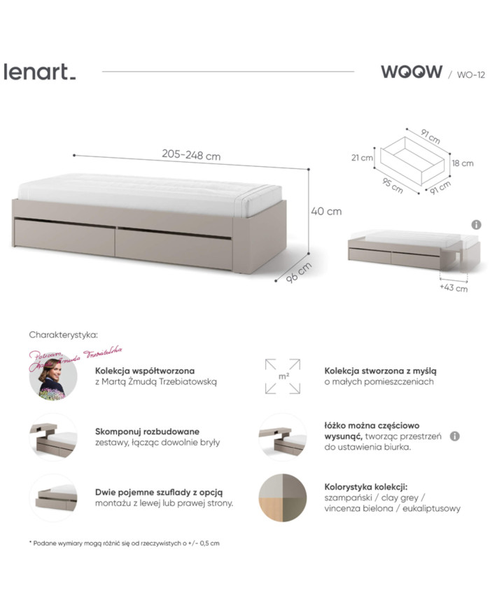 Łóżko Woow WO-12, łóżko rozsuwane z 2 szufladami, clay grey, LENART