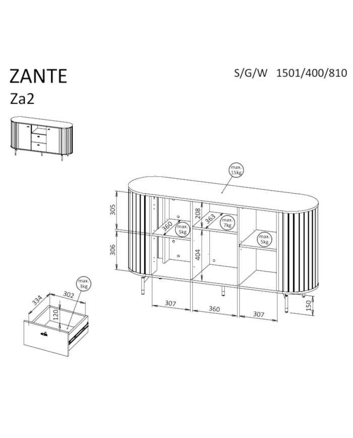 Komoda Zante ZA2, drzwi, szuflady, wnęka regałowa, Czarny mat, DOLMAR