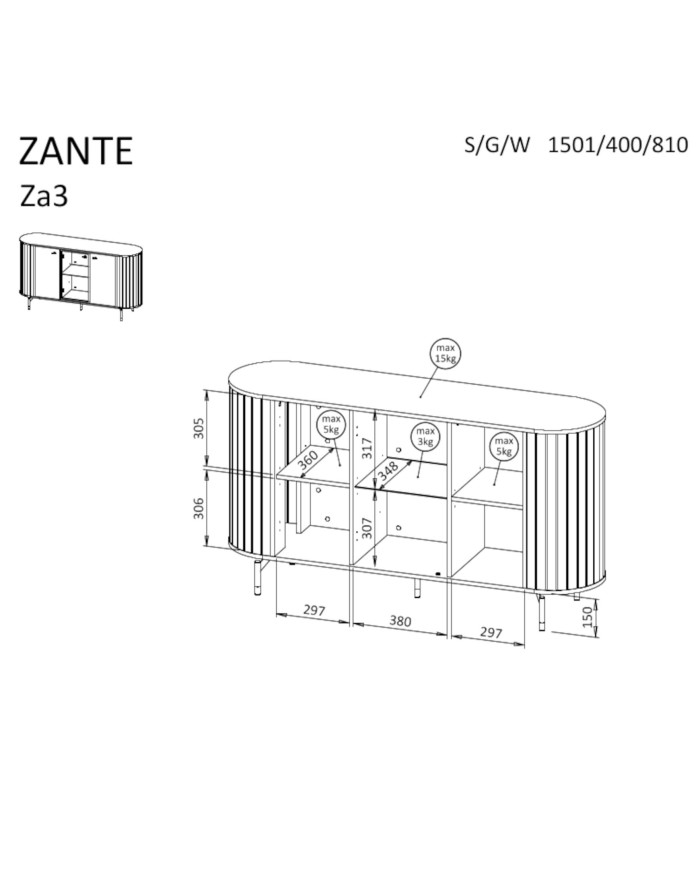 Komoda Zante ZA3, trzydrzwiowa, przeszklona, Cashmere, DOLMAR