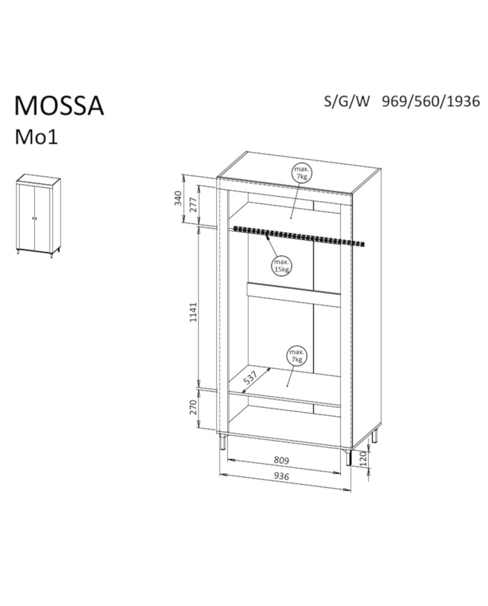 Szafa Mossa MO1, dwudrzwiowa, z drążkiem i półkami, Cashmere, DOLMAR