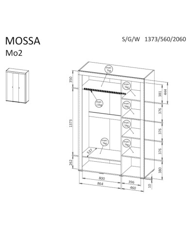 Szafa Mossa MO2, trzydrzwiowa, z drążkiem i półkami, Czarny mat, DOLMAR Szafa Mossa MO2, trzydrzwiowa, z drążkiem i półkami, Czarny mat, DOLMAR