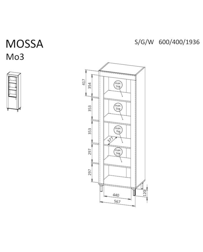 Witryna pojedyncza Mossa MO3, przeszklona, Dąb whisky/ Cashmere, DOLMAR