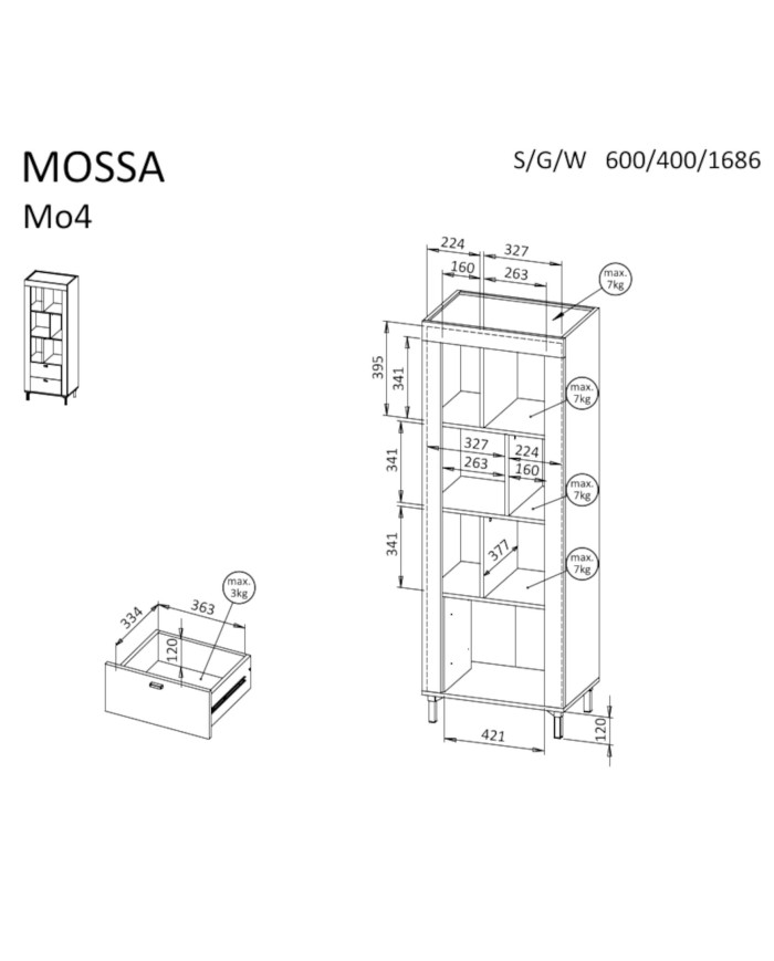 Regał Mossa MO4, szuflady, wnęki regałowe, Dąb whisky/ Biały mat, DOLMAR