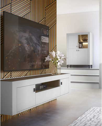 Regał Mossa MO4, szuflady, wnęki regałowe, Dąb whisky/ Biały mat, DOLMAR Regał Mossa MO4, szuflady, wnęki regałowe, Dąb whisky/ Biały mat, DOLMAR