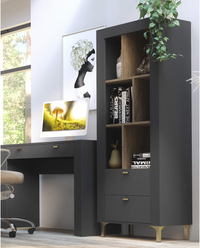 Regał Mossa MO4, szuflady, wnęki regałowe, Dąb whisky/ Czarny mat, DOLMAR Regał Mossa MO4, szuflady, wnęki regałowe, Dąb whisky/ Czarny mat, DOLMAR