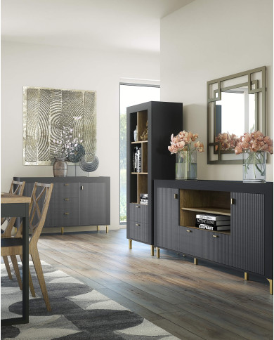 Regał Mossa MO4, szuflady, wnęki regałowe, Dąb whisky/ Czarny mat, DOLMAR Regał Mossa MO4, szuflady, wnęki regałowe, Dąb whisky/ Czarny mat, DOLMAR