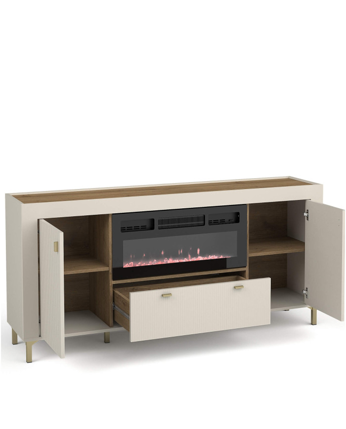Komoda Mossa MO7 z kominkiem elektrycznym, drzwi, szuflada, Dąb whisky/ Cashmere, DOLMAR