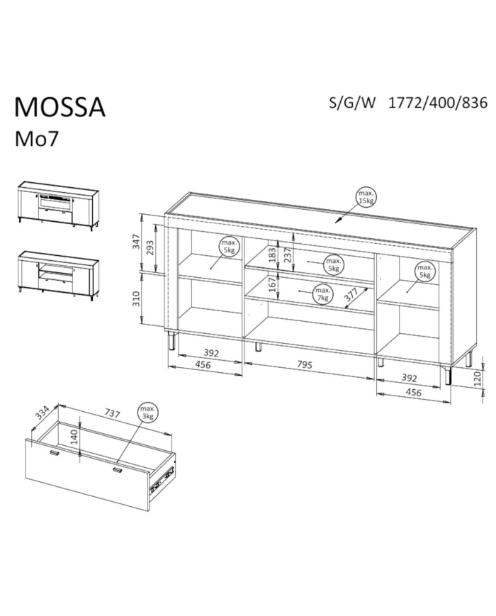 Komoda Mossa MO7 z kominkiem elektrycznym, drzwi, szuflada, Dąb whisky/ Czarny mat, DOLMAR