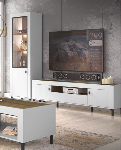 Szafka RTV Mossa MO8, drzwi, szuflada, wnęka regałowa, Dąb whisky/ Biały mat, DOLMAR Szafka RTV Mossa MO8, drzwi, szuflada, wnęka regałowa, Dąb whisky/ Biały mat, DOLMAR