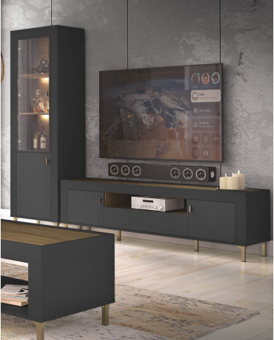 Szafka RTV Mossa MO8, drzwi, szuflada, wnęka regałowa, Dąb whisky/ Czarny mat, DOLMAR Szafka RTV Mossa MO8, drzwi, szuflada, wnęka regałowa, Dąb whisky/ Czarny mat, DOLMAR