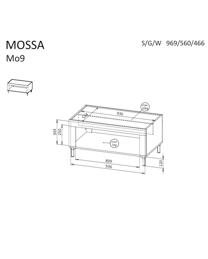Stolik kawowy Mossa MO9, prostokątny, z półką, Dąb whisky/ Cashmere, DOLMAR