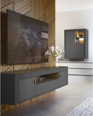 Szafka nocna Mossa MO11, drzwiczki, Dąb whisky/ Czarny mat, DOLMAR