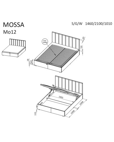 Łóżko Mossa MO12, stelaż z podnośnikami, pojemnik, 140x200 cm, tkanina Cloud 82, DOLMAR Łóżko Mossa MO12, stelaż z podnośnikami, pojemnik, 140x200 cm, tkanina Cloud 82, DOLMAR