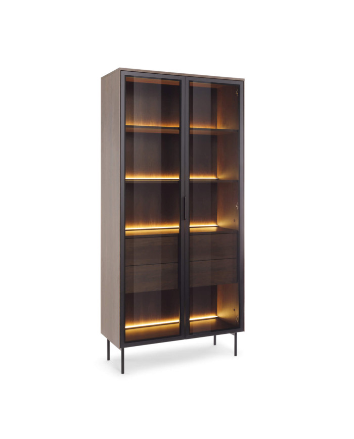 Witryna wysoka Lumi 91 2d2s, dwudrzwiowa z oświetleniem Led, Dąb dunin/ Czarny, Laski Meble