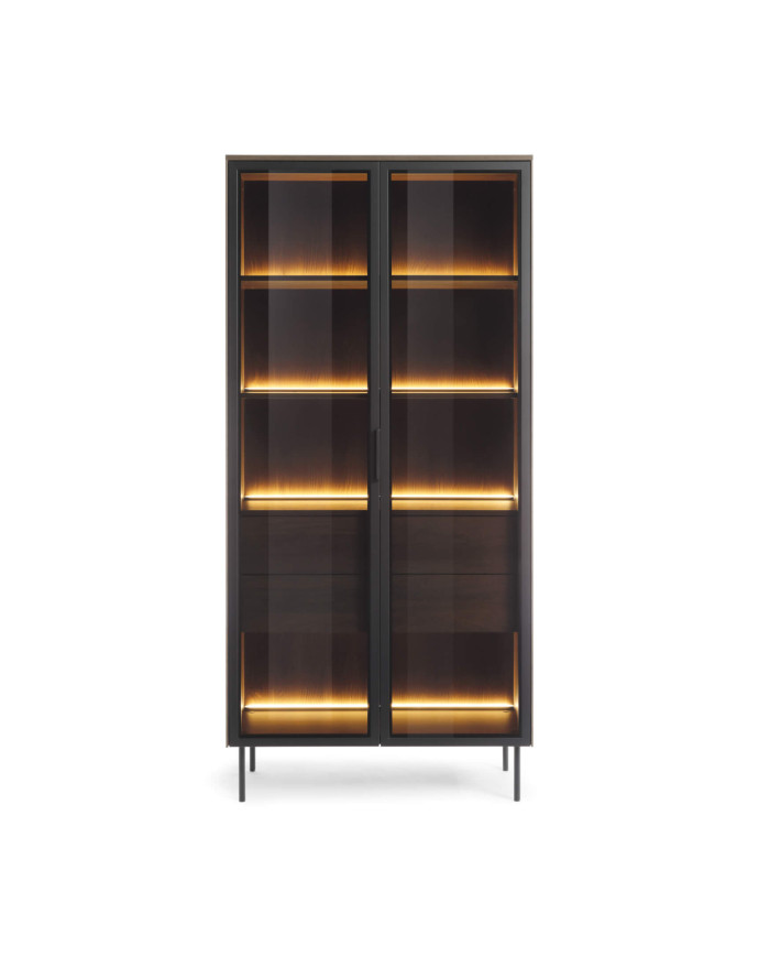 Witryna wysoka Lumi 91 2d2s, dwudrzwiowa z oświetleniem Led, Dąb dunin/ Czarny, Laski Meble