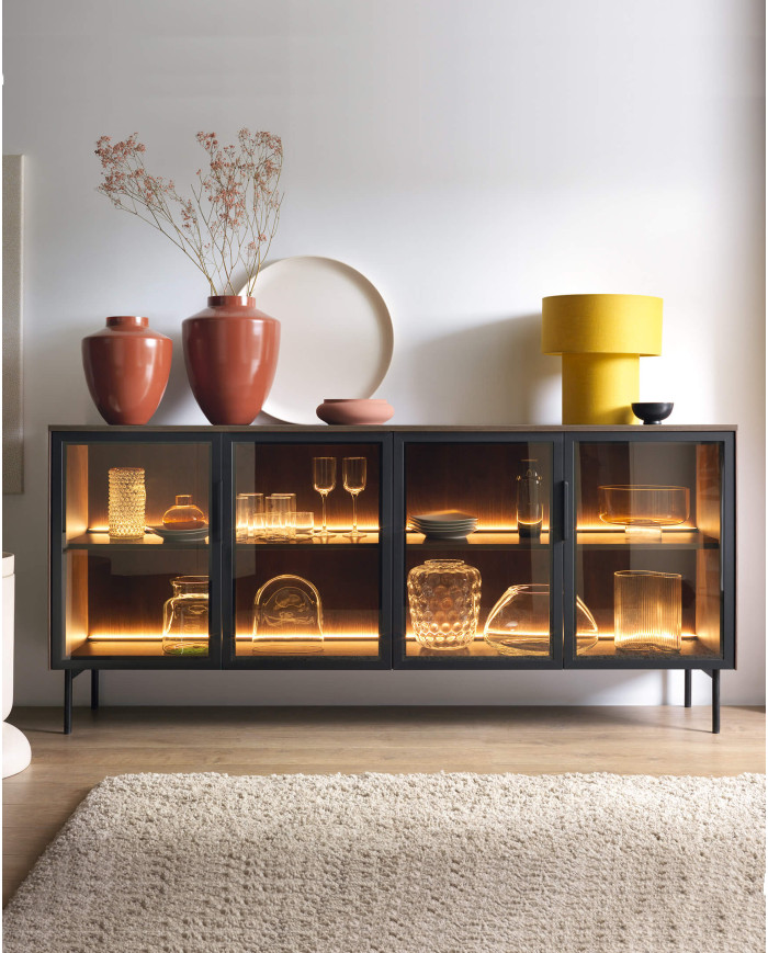 Komoda Lumi B 181, czterodrzwiowa z oświetleniem Led, Dąb dunin/ Czarny, Laski Meble