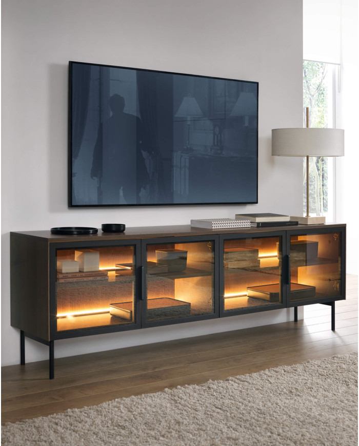 Komoda Lumi B 181, czterodrzwiowa z oświetleniem Led, Dąb dunin/ Czarny, Laski Meble