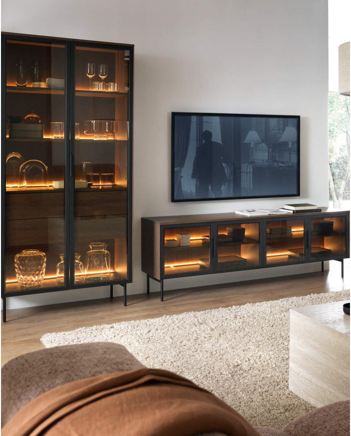 Komoda Lumi B 181, czterodrzwiowa z oświetleniem Led, Dąb dunin/ Czarny, Laski Meble