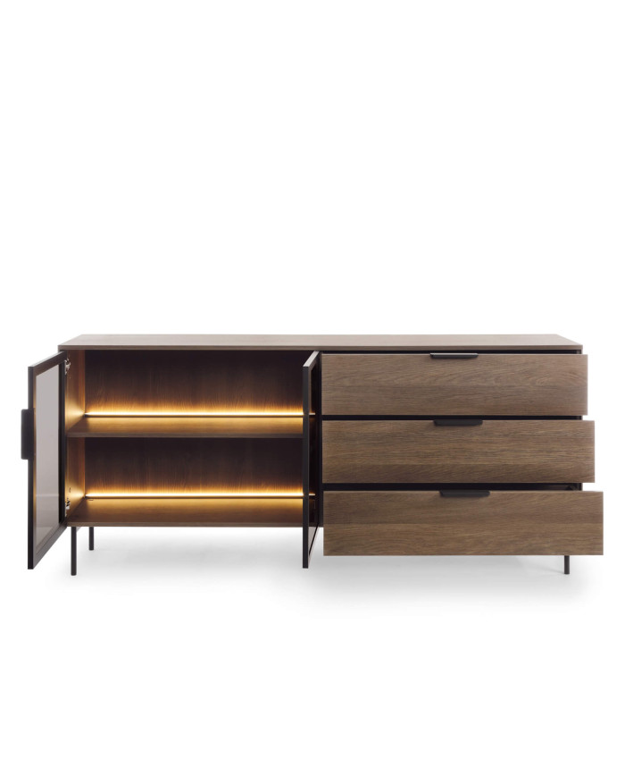 Komoda Lumi C 181, dwudrzwiowa, szuflady, z oświetleniem Led, Dąb dunin/ Czarny, Laski Meble