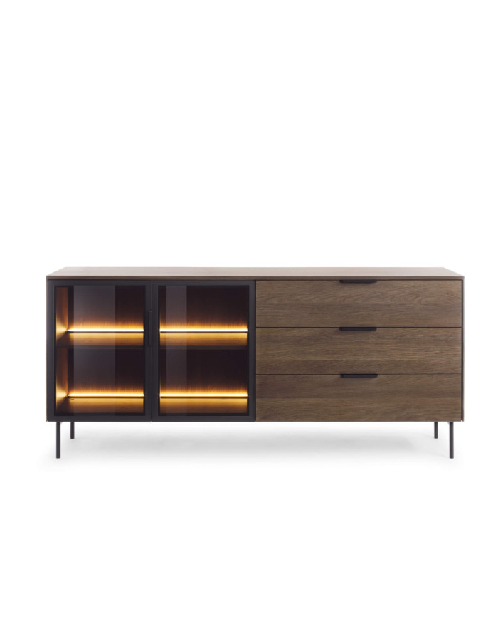 Komoda Lumi C 181, dwudrzwiowa, szuflady, z oświetleniem Led, Dąb dunin/ Czarny, Laski Meble