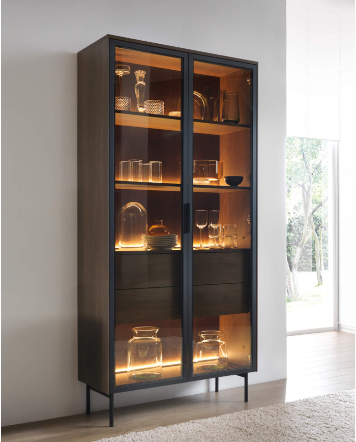Komoda Lumi C 181, dwudrzwiowa, szuflady, z oświetleniem Led, Dąb dunin/ Czarny, Laski Meble