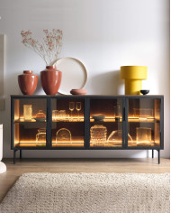 Komoda Lumi C 181, dwudrzwiowa, szuflady, z oświetleniem Led, Dąb dunin/ Czarny, Laski Meble