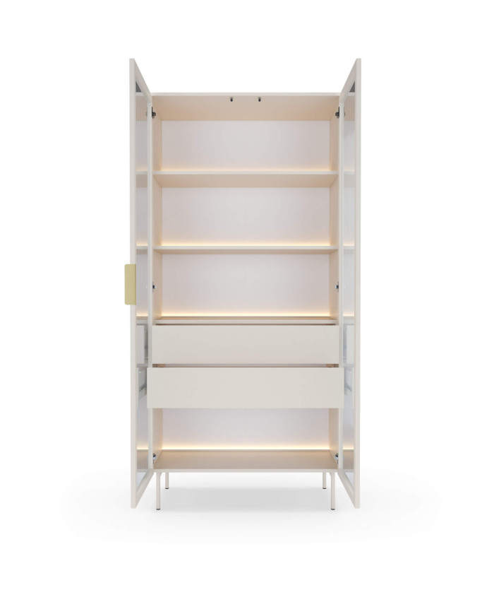 Witryna wysoka Lumi 91 2d2s, dwudrzwiowa z oświetleniem Led, Kaszmir, Laski Meble