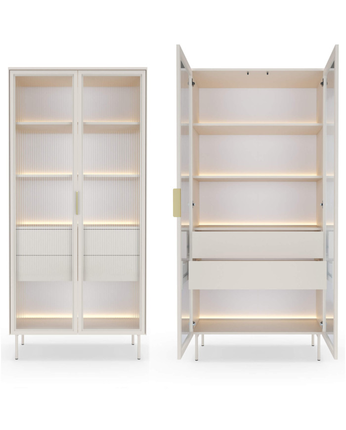 Witryna wysoka Lumi 91 2d2s, dwudrzwiowa z oświetleniem Led, Kaszmir, Laski Meble