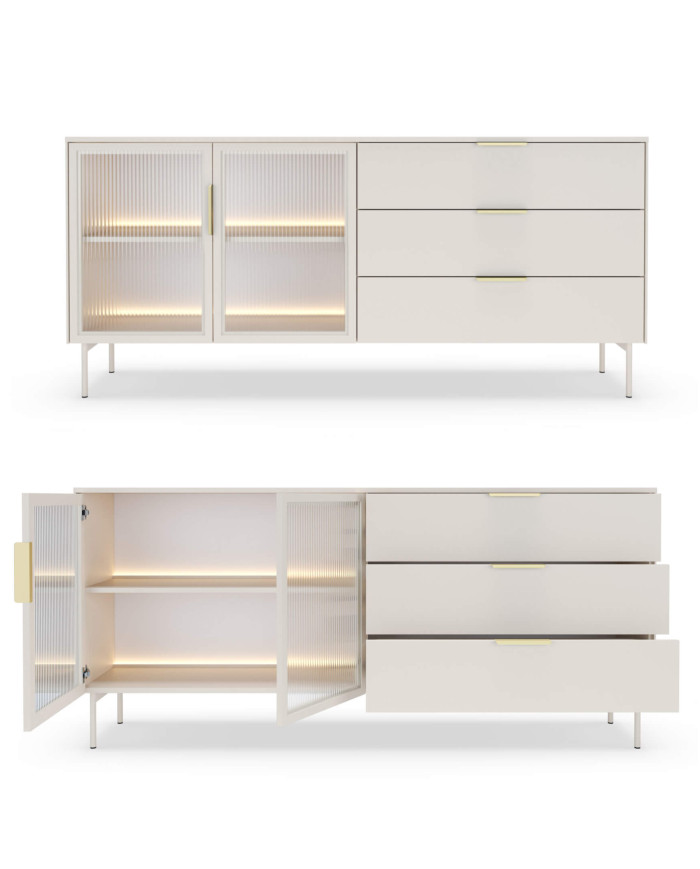 Komoda Lumi C 181, dwudrzwiowa, szuflady, z oświetleniem Led, Kaszmir, Laski Meble