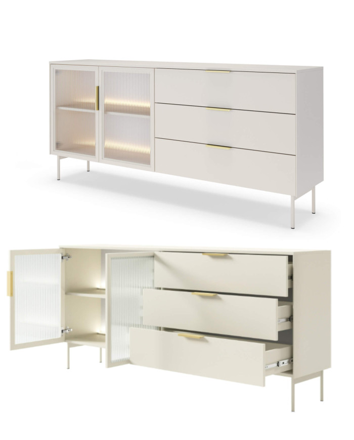 Komoda Lumi C 181, dwudrzwiowa, szuflady, z oświetleniem Led, Kaszmir, Laski Meble