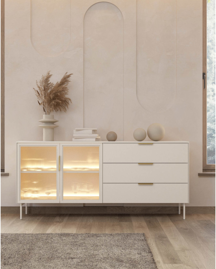 Komoda Lumi C 181, dwudrzwiowa, szuflady, z oświetleniem Led, Kaszmir, Laski Meble
