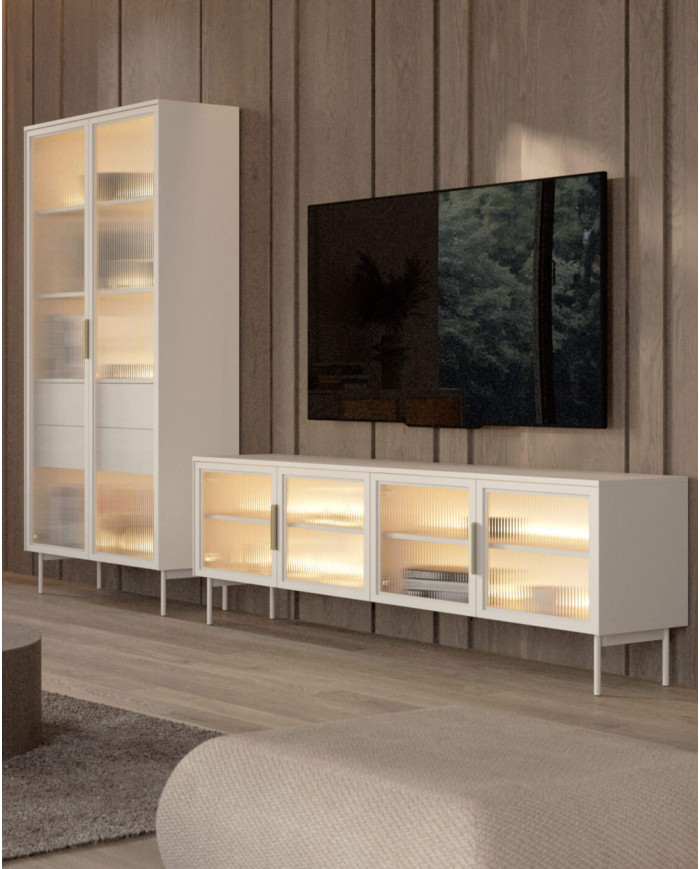 Komoda Lumi C 181, dwudrzwiowa, szuflady, z oświetleniem Led, Kaszmir, Laski Meble