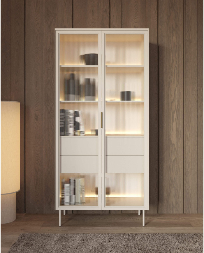Komoda Lumi C 181, dwudrzwiowa, szuflady, z oświetleniem Led, Kaszmir, Laski Meble