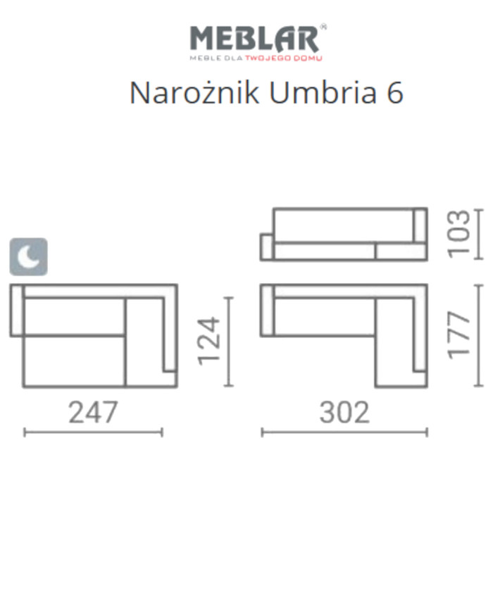 Narożnik Umbria 6, funkcja spania, pojemnik, regulowane zagłówki, MEBLAR