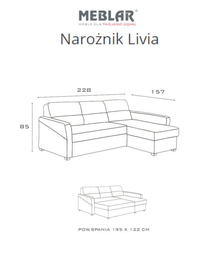 Narożnik Livia, funkcja spania, pojemnik, MEBLAR
