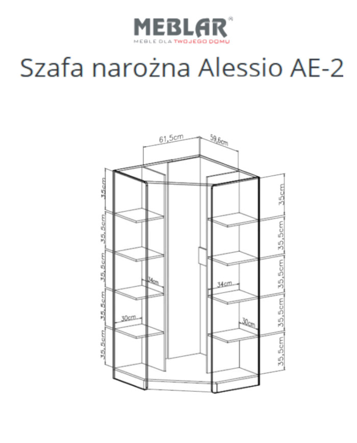 Szafa narożna Alessio AE02, dwudrzwiowa, półki wewnętrzne, drążki, Beż piaskowy/ Dąb olejowany, MEBLAR