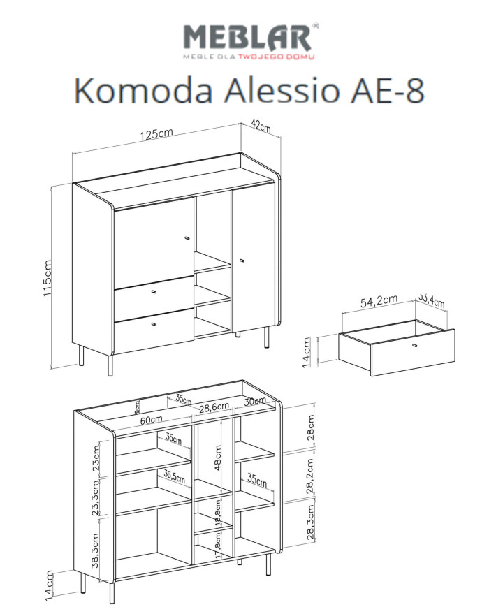 Komoda Alessio AE-8, drzwi, szuflady, wnęka regałowa, Eukaliptus/ Dąb baltic dune, MEBLAR