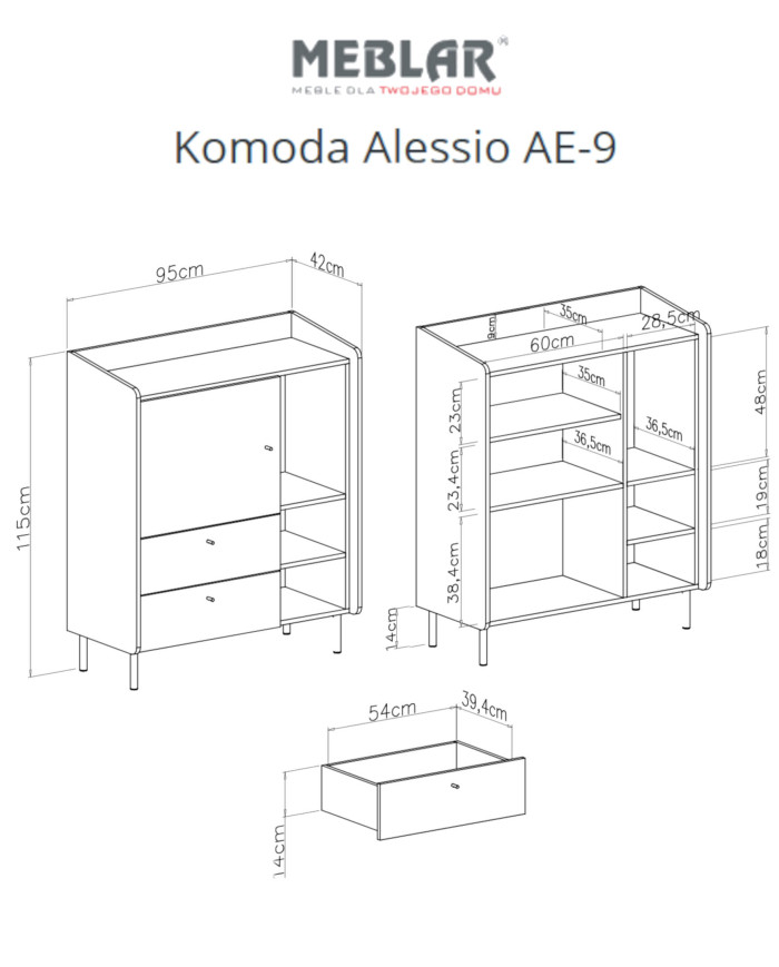 Komoda Alessio AE-9, drzwi, szuflady, wnęka regałowa, Eukaliptus/ Dąb baltic dune, MEBLAR