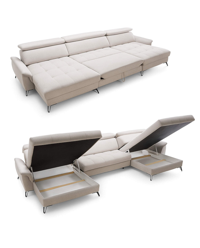 Narożnik Lago 5, funkcja spania, pojemniki, przestawne oparcia, regulowane zagłówki, MEBLAR